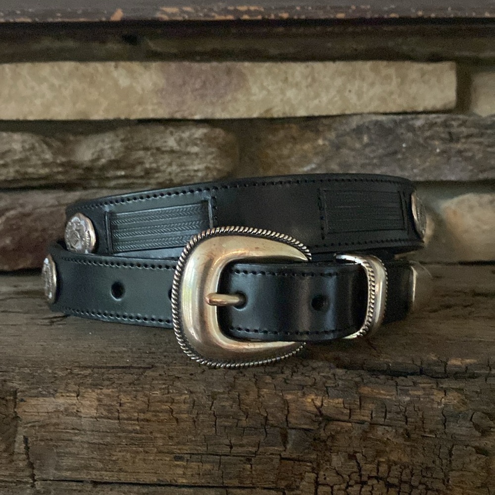 Black Leather Western-Style Belt with Silver Buckle